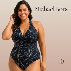 Michael Kors NWT One-Piece Swimsuit Sz 10 Twist Knot Halter Palm Print Chic NWT